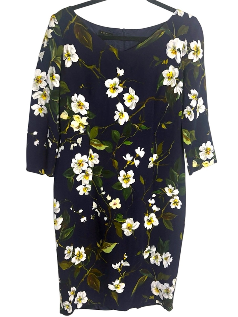 Escada Navy White Floral Viscose 3/4 Sleeve Sheath Dress EU 38 US 8